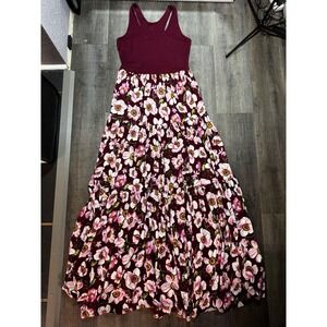 Hand Made Womens Burgundy Floral Racerback Tiered Maxi Dress Wine‎ Pink Boho